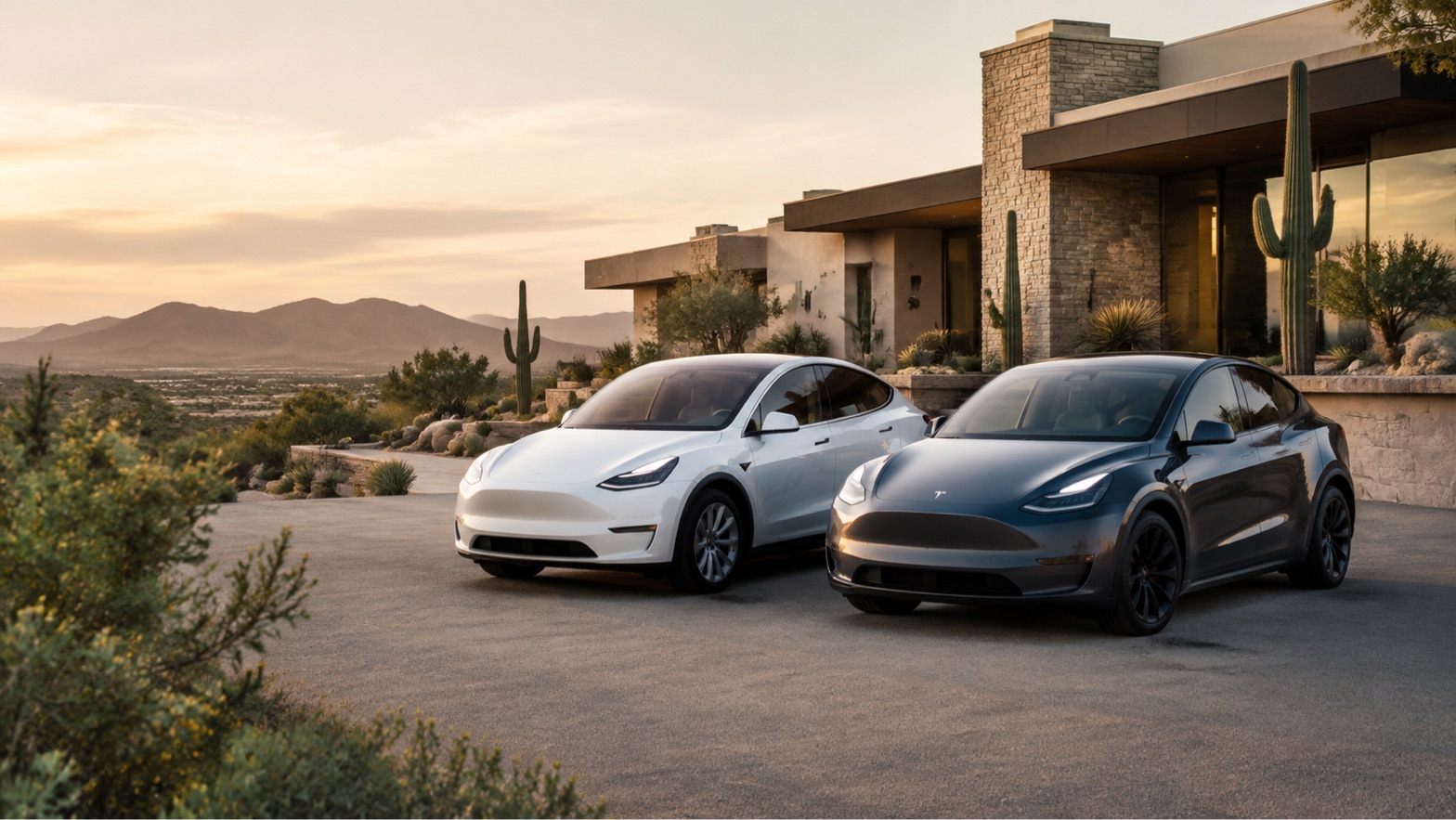 A Gauss Cars white Tesla Model Y and blue Tesla parked outside a Scottsdale desert home at sunset